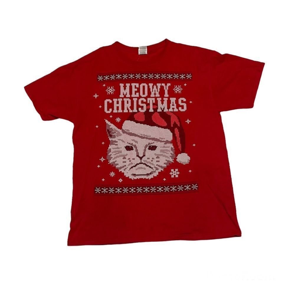 Meowy Christmas Red T-shirt- Size Large
